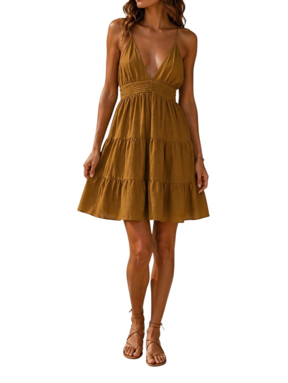 Blue Rain Mustard Summer Ruffles V Neck Backless Beach dress